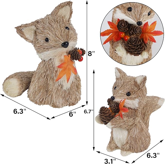 Set of two CozyNest Decor fall-themed fox figurines, handmade sisal ornaments for Thanksgiving table and autumn home decor.