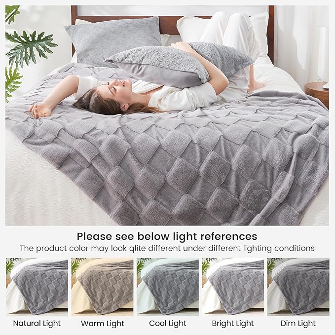 CozyNest Decor cozy checkered white faux rabbit fur throw blanket on a bed, soft fuzzy minky texture, Queen size 90x90 inches.