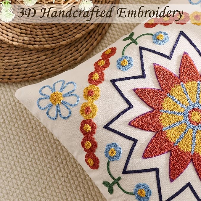 CozyNest Decor embroidered 20x20 orange throw pillow cover with boho floral pattern, perfect for sofa or outdoor decor.