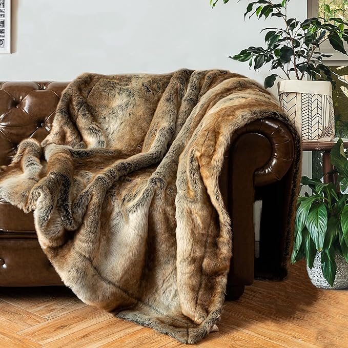 Large brown faux fur throw blanket by CozyNest Decor, 60x80 inches, super soft, plush velvet reversible for cozy bed or couch.