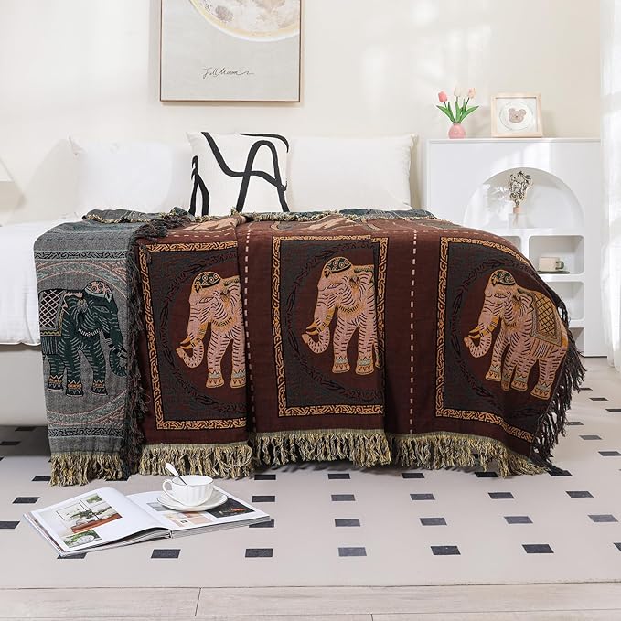 CozyNest Decor boho cotton throw blanket with tassels, large 60x80 inch rustic farmhouse design featuring elephant print for sofa or bed.
