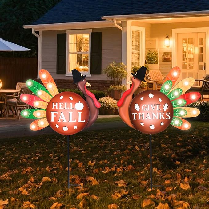 CozyNest Decor 2-pack metal Thanksgiving yard signs with LED lights, featuring turkey and fall harvest designs for garden or lawn decor.