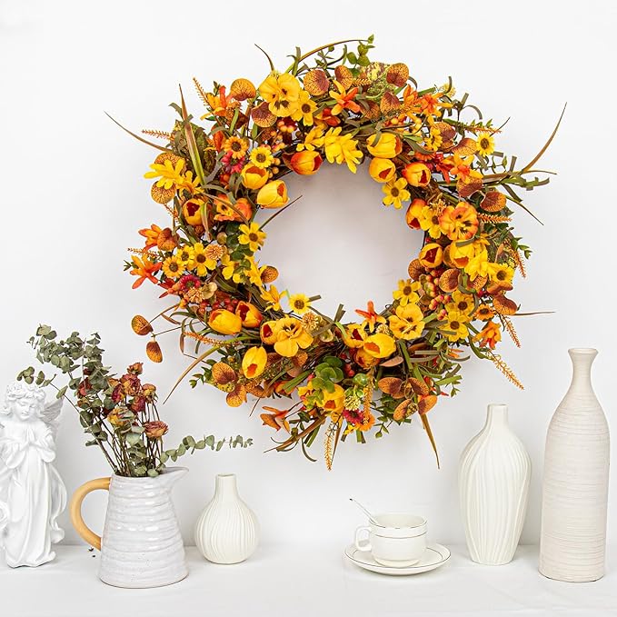 CozyNest Decor 22-inch rustic autumn fall wreath with orange tulips, wildflowers, perfect for front door, wall, or porch decor.