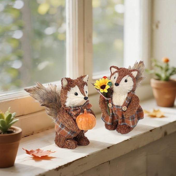 CozyNest Decor Winemana 2-pack fall fox figurines with pumpkins, handmade sisal woodland animals for autumn home or office décor