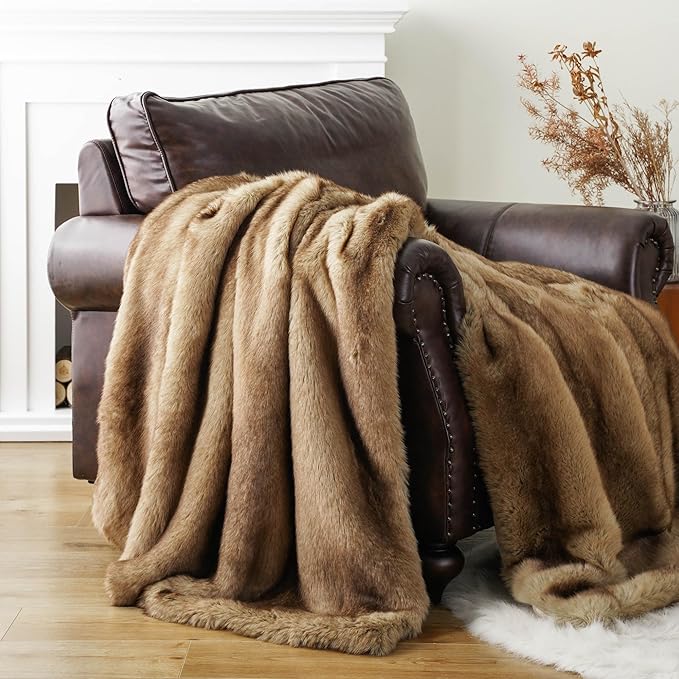 CozyNest Decor luxury ochre faux fur throw blanket, soft plush mink fur, 50x60 inches, perfect for couch, sofa, or bed decor.