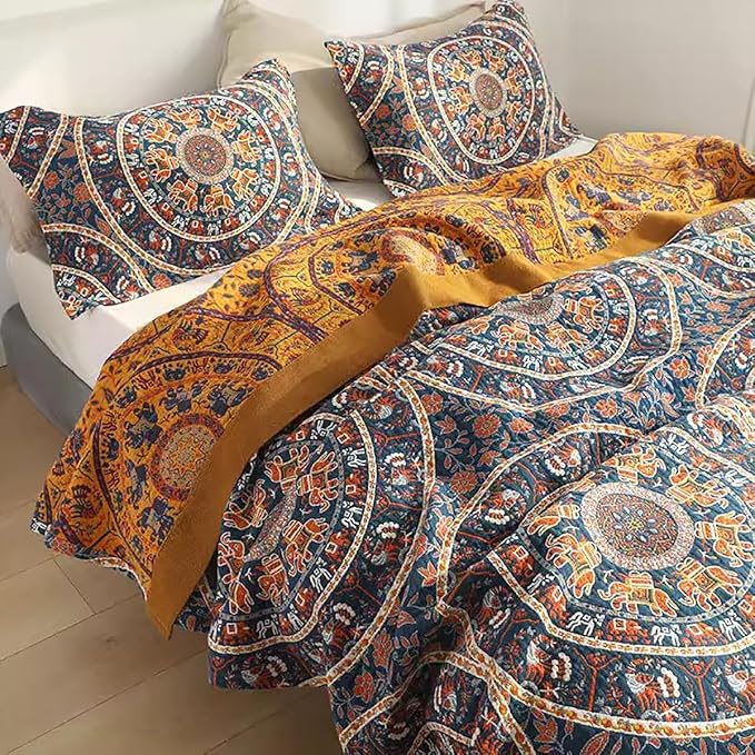 CozyNest Decor boho muslin blanket for adults, 80x90 inches, soft 4-layer cotton summer cooling bed coverlet with circle geometric design