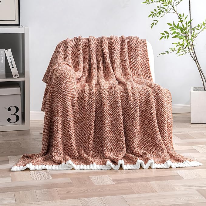 CozyNest Decor MIULEE fall rust super soft throw blanket on a sofa, plush fluffy knit blanket for couch, bed, or outdoor use