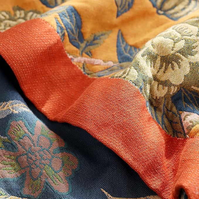 CozyNest Decor boho muslin bed blanket, 80x90 inches, floral orange design, soft 4-layer cotton gauze, summer cooling sofa or bed cover