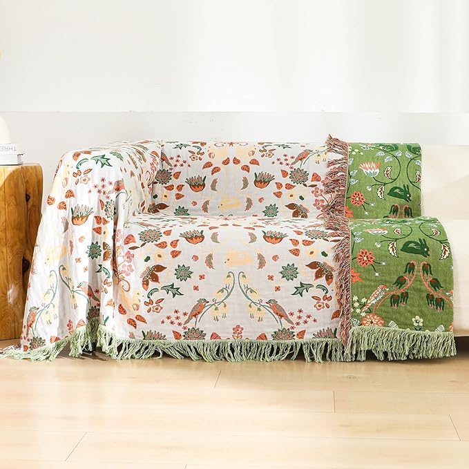CozyNest Decor boho cotton throw blanket with floral and animal prints, large rustic quilt for king bed, sofa, or chair, all-season decor