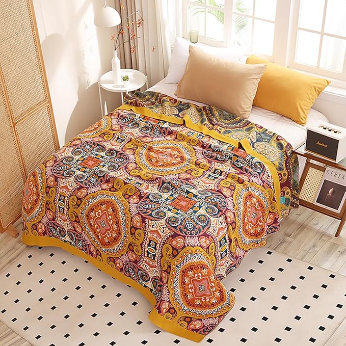 Soft boho muslin bed blanket for adults with geometric floral pattern, 80x90 inches, made of 100% cotton for cozy summer use.