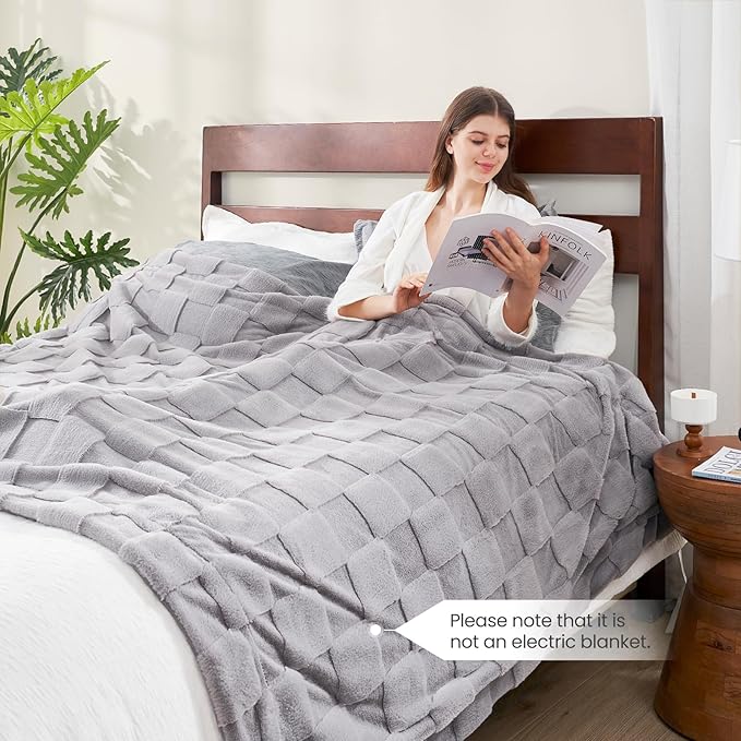 CozyNest Decor checkered white faux rabbit fur throw blanket with soft fuzzy texture, ideal for couch or bed, grey queen size.