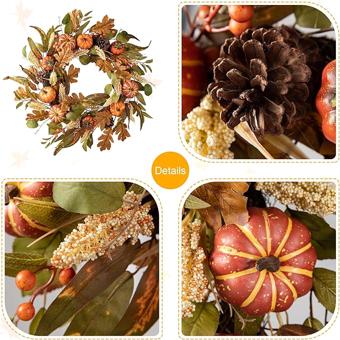 CozyNest Decor 24-inch fall pumpkin leaf floral wreath with artificial autumn leaves for harvest and Thanksgiving door decor.