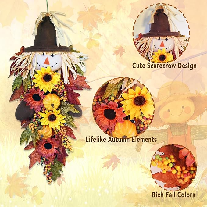 Rustic 24-inch fall scarecrow teardrop swag with sunflowers and pumpkins, CozyNest Decor farmhouse autumn harvest hanging decor