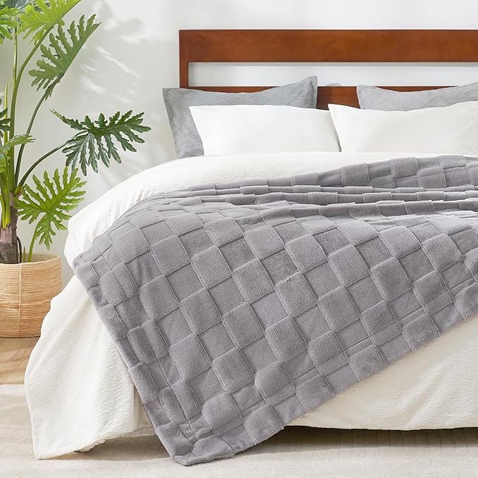 CozyNest Decor checkered white faux rabbit fur throw blanket, fuzzy and soft for couch or bed, in grey, queen size 90x90 inches.