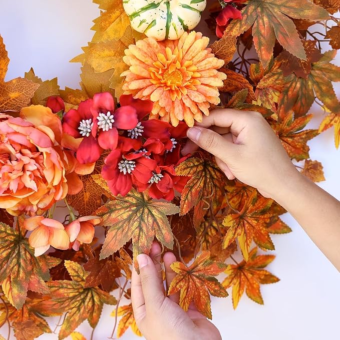26-inch fall wreath with artificial maple leaves, silk peonies, and faux pumpkins for outdoor porch, door, or farmhouse autumn decor