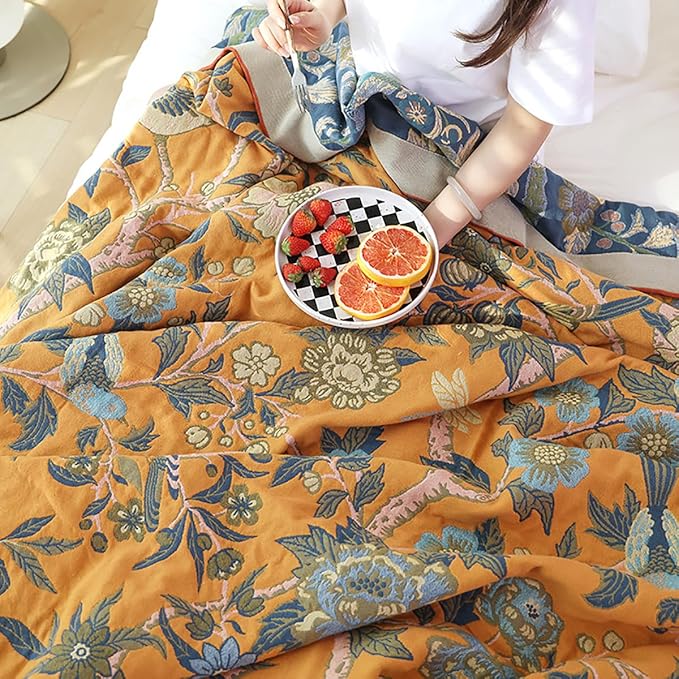 CozyNest Decor boho muslin adult blanket in flowr branch orange, 80x90 inches, soft cotton gauze with floral design for sofa or bed
