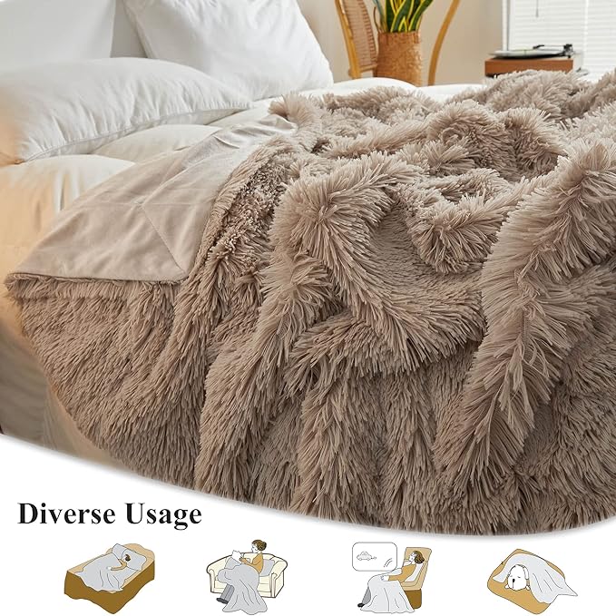 CozyNest Decor XeGe luxury faux fur throw blanket, 50x60 inch fluffy shaggy plush decorative couch blanket in khaki color.