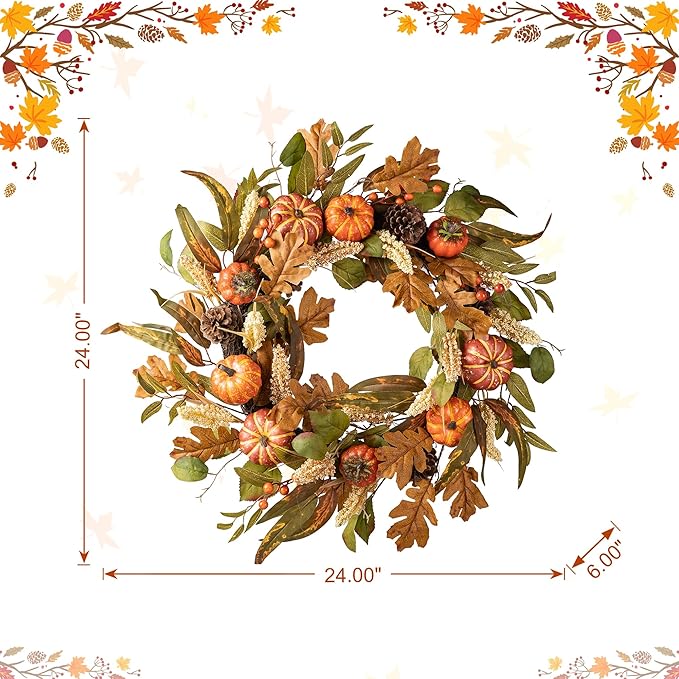 CozyNest Decor 24-inch fall pumpkin leaf floral wreath with artificial harvest flowers for autumn and Thanksgiving door decoration