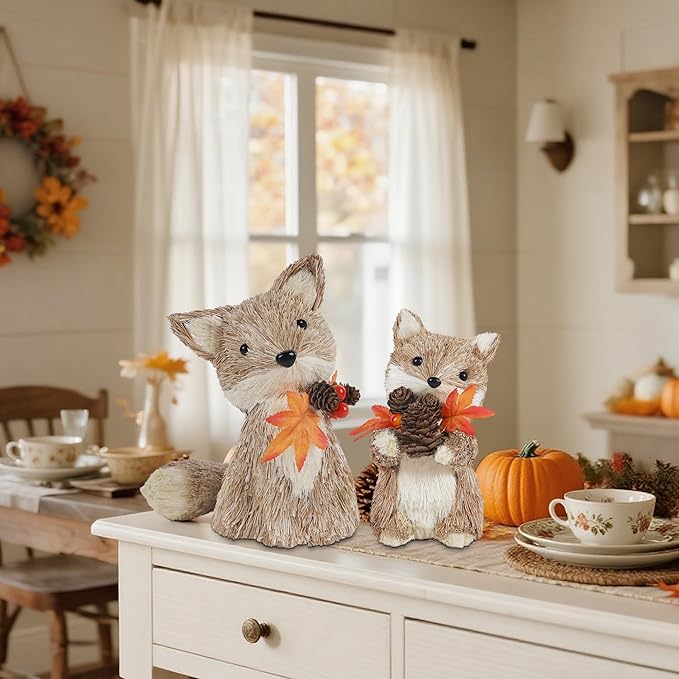 Set of two CozyNest Decor fall fox figurines, handmade sisal ornaments for Thanksgiving table centerpiece or autumn home decor.