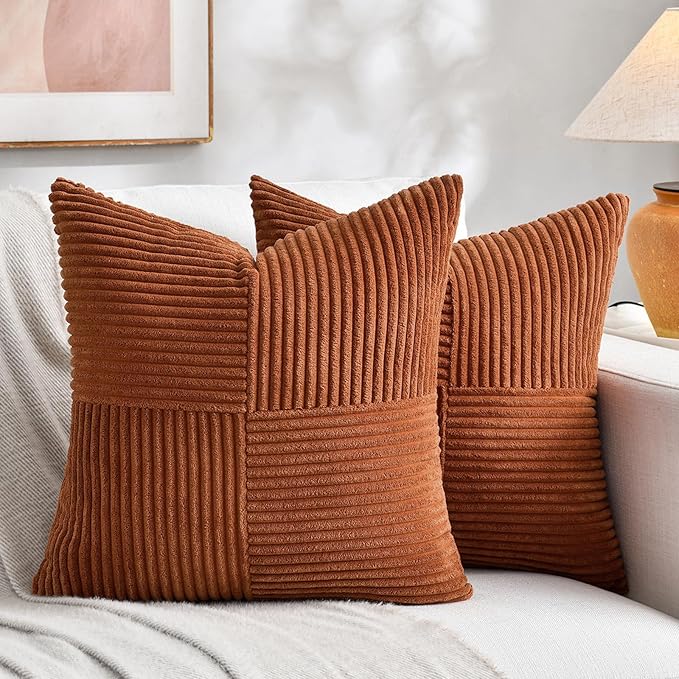 CozyNest Decor boho rust decorative throw pillow covers, 18x18 inches, soft corduroy patchwork texture for couch or sofa decor.