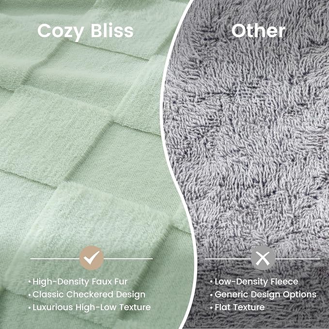 CozyNest Decor checkered white faux rabbit fur throw blanket in sage green, soft fuzzy minky for couch or bed, queen size 90x90 inches.