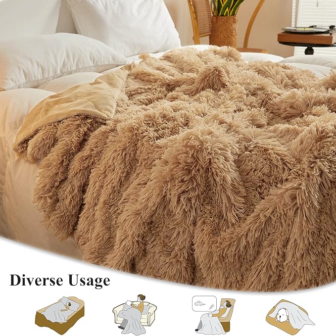 CozyNest Decor XeGe plush faux fur throw blanket in camel, 50x60 inches, soft shaggy microfiber with fluffy velvet texture for sofa or bed.