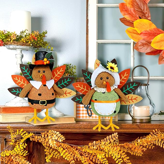 CozyNest Decor plush stuffed turkey figurines with dangling legs, perfect for autumn fall harvest or Thanksgiving tabletop decor.
