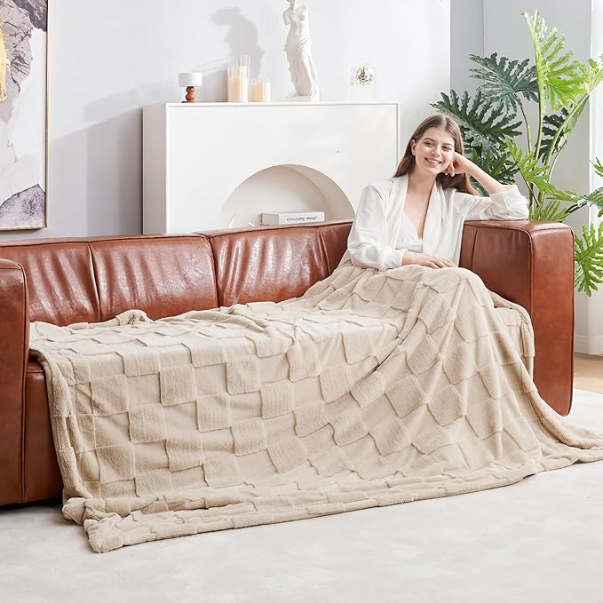 CozyNest Decor Cozy Bliss Tan Checkered Faux Rabbit Fur Throw Blanket, soft fuzzy minky for bed or couch, 60x80 inches beige.