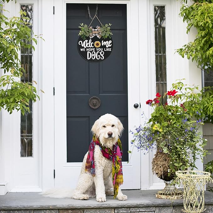 Rustic wooden seasonal welcome sign wreath by CozyNest Decor featuring a round design with dog motifs for spring, summer, fall, and holiday decor
