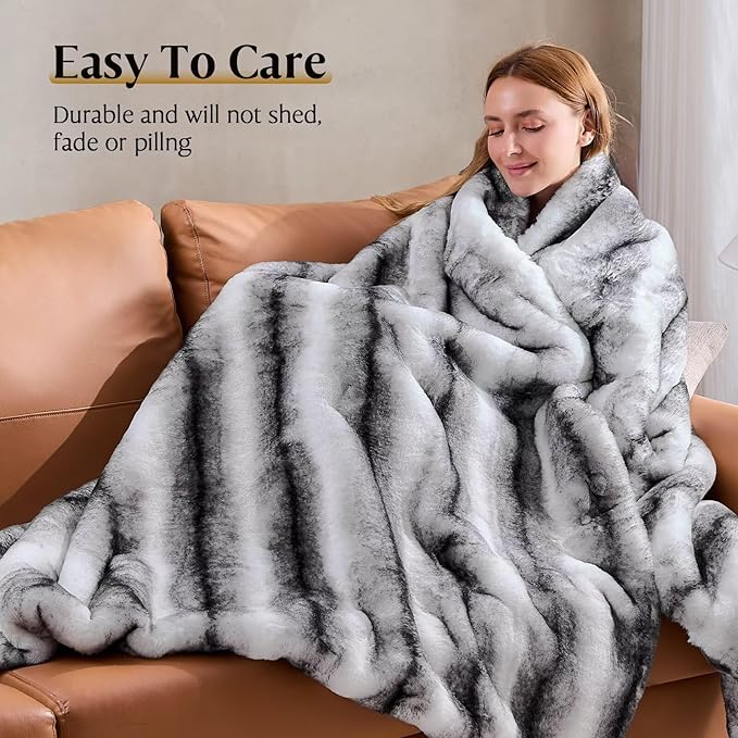 CozyNest Decor luxury black and white faux fur bed blanket, soft plush throw on a bed, fluffy, thick, reversible, decorative for living room