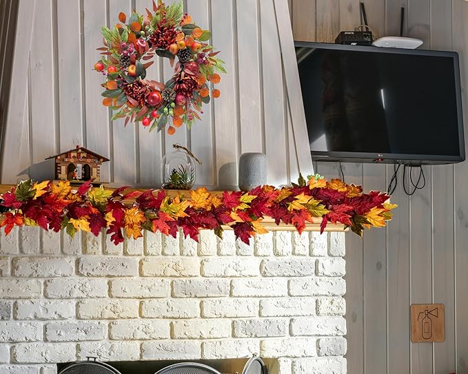 CozyNest Decor 22-inch fall chrysanthemum wreath with apples, pinecones, berries, eucalyptus, and maple leaves for seasonal decor.
