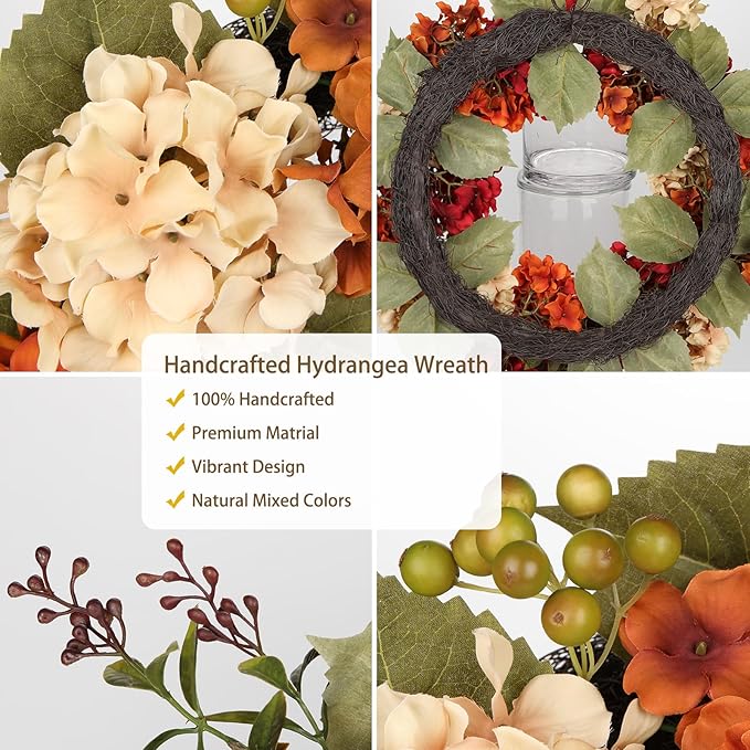 CozyNest Decor 24-inch fall wreath with hydrangeas, berries, and faux autumn flowers for front door or farmhouse Thanksgiving decor