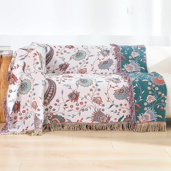 CozyNest Decor large boho cotton throw blanket with tassels, soft rustic quilt for sofa, bed, or travel decor.
