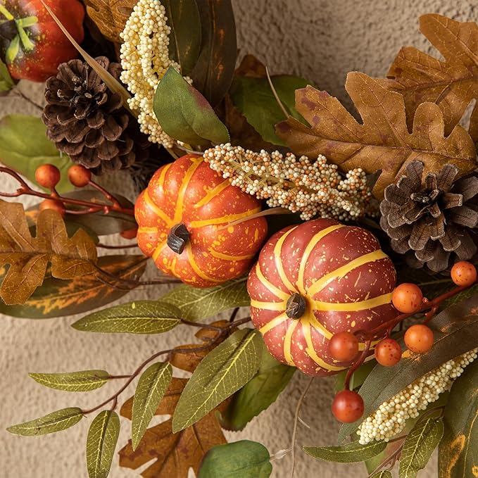 CozyNest Decor 24-inch fall pumpkin leaf floral wreath for autumn and Thanksgiving door decor, featuring artificial harvest-themed foliage.