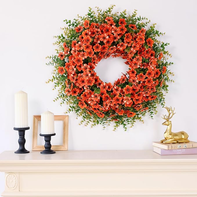 Large 26-inch fall wreath with artificial eucalyptus, boxwood leaves, and faux daisies, ideal for front door, porch, or window decor.