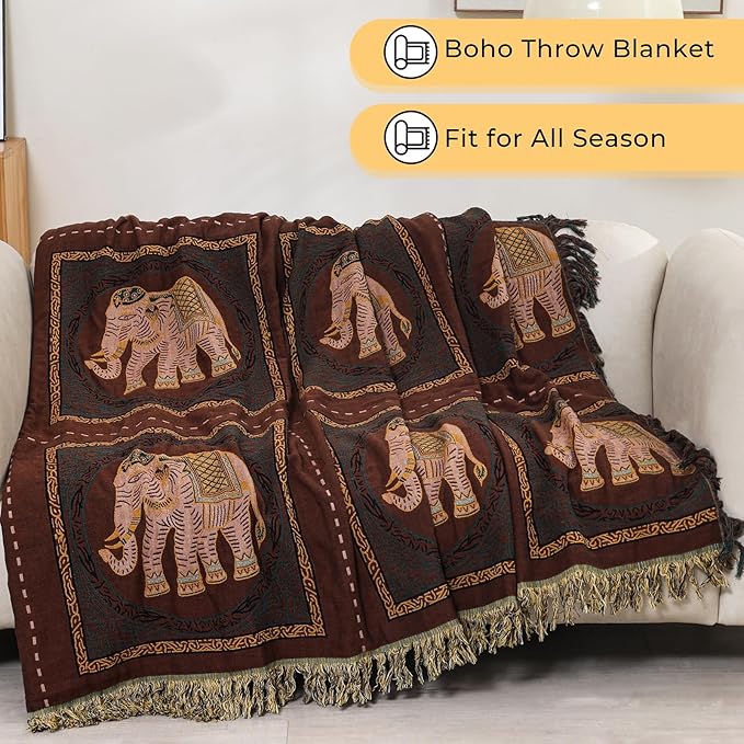 CozyNest Decor boho cotton throw blanket with tassels, elephant print, large 60x80 inch rustic farmhouse style for sofa or bed.