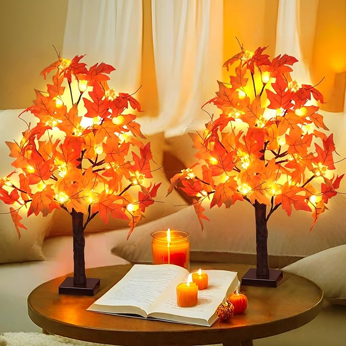 CozyNest Decor 2-pack 24-inch artificial fall maple trees with 48 LED lights, battery operated indoor autumn harvest decor.