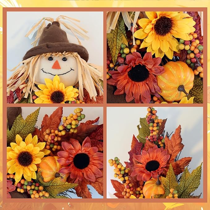 Rustic 24-inch fall scarecrow teardrop swag with sunflowers and pumpkins, perfect for farmhouse front door or porch decor.