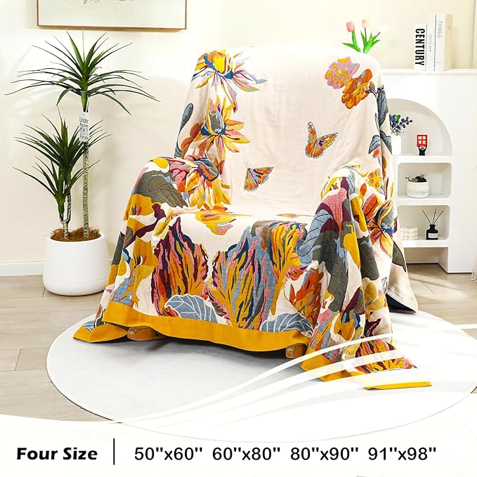 CozyNest Decor boho large throw blanket with fall floral and bird pattern, made of breathable organic cotton for sofa or bed.