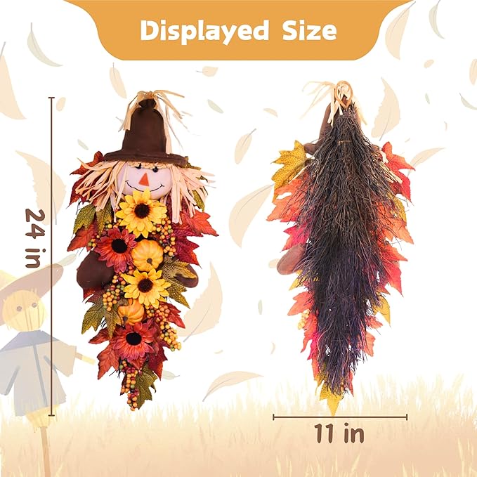 Rustic 24-inch fall scarecrow teardrop swag with sunflowers and pumpkins, perfect for farmhouse front door or porch decor.