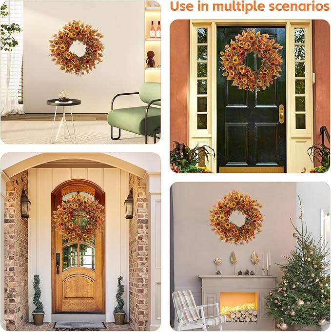 CozyNest Decor 22-inch artificial fall wreath with eucalyptus leaves and chrysanthemums, ideal for front door or seasonal decor.