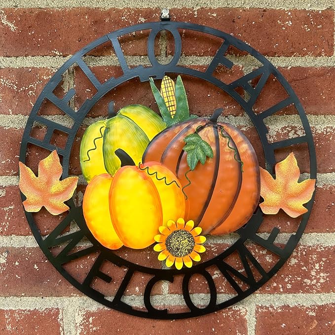 Rustic metal hanging pumpkin Hello Fall welcome wreath with autumn harvest design, perfect for front door seasonal decor.
