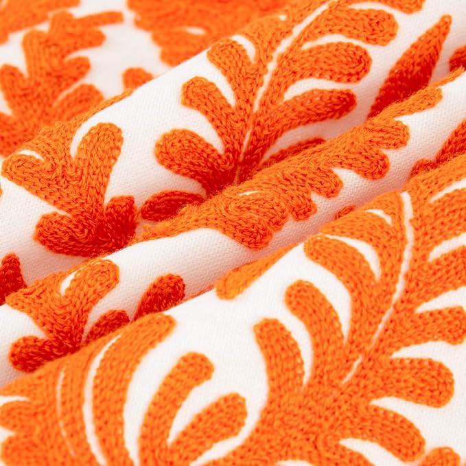 Orange fall decorative throw pillow cover with embroidered floral branches, 18x18 inches, cozy cotton farmhouse cushion for sofa or bed.