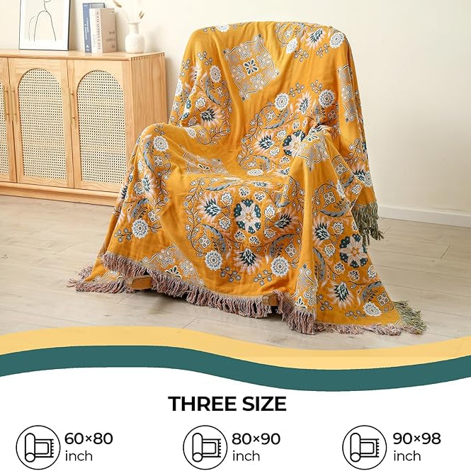 CozyNest Decor boho throw blanket for bed, 100% cotton, lightweight, breathable yellow floral woven throw, 90x98 inches for farmhouse decor