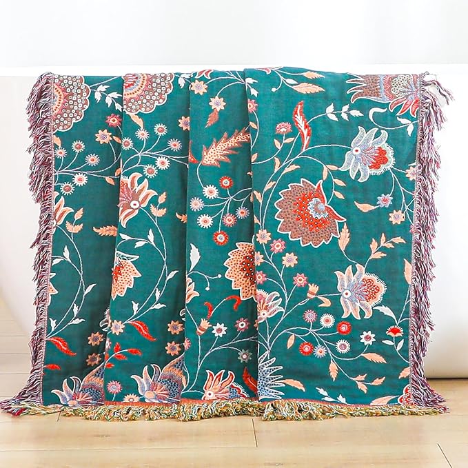 CozyNest Decor boho large cotton throw blanket with tassels, ultra-soft rustic quilt for sofa, bed, or travel decor.