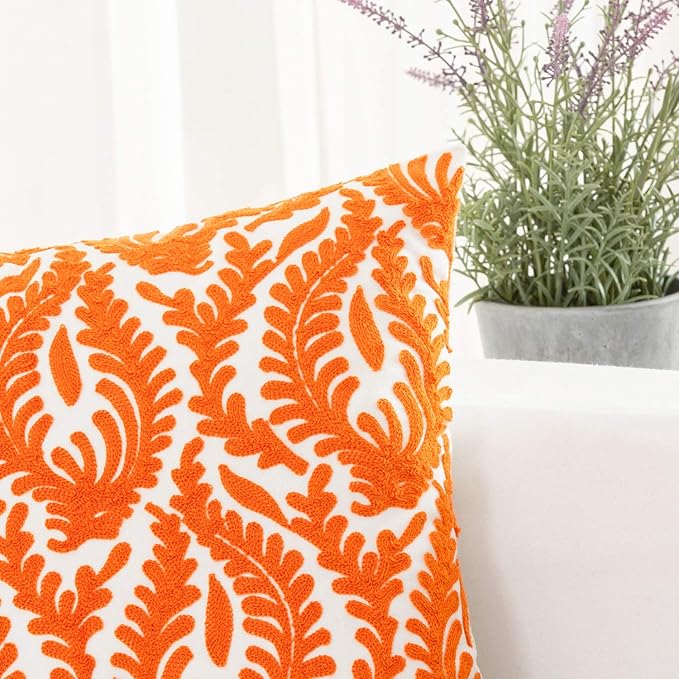 CozyNest Decor orange fall embroidered throw pillow cover with floral branches, 18x18 inch cotton cushion for sofa or bed decor