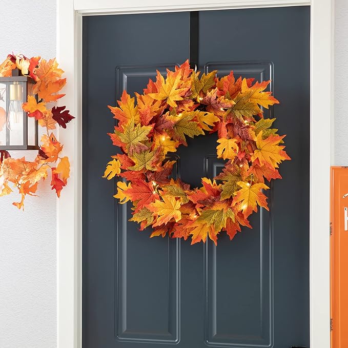 CozyNest Decor 24-inch pre-lit fall wreath with maple leaves, LED lights, and timer, perfect for front door Thanksgiving or Halloween.