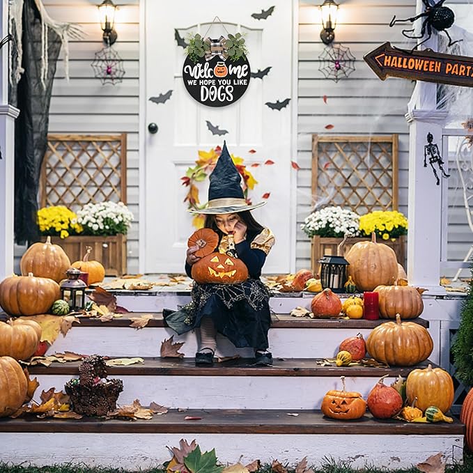 Rustic wooden seasonal welcome sign wreath with dog design, ideal for front door, wall, or porch decor for all seasons.