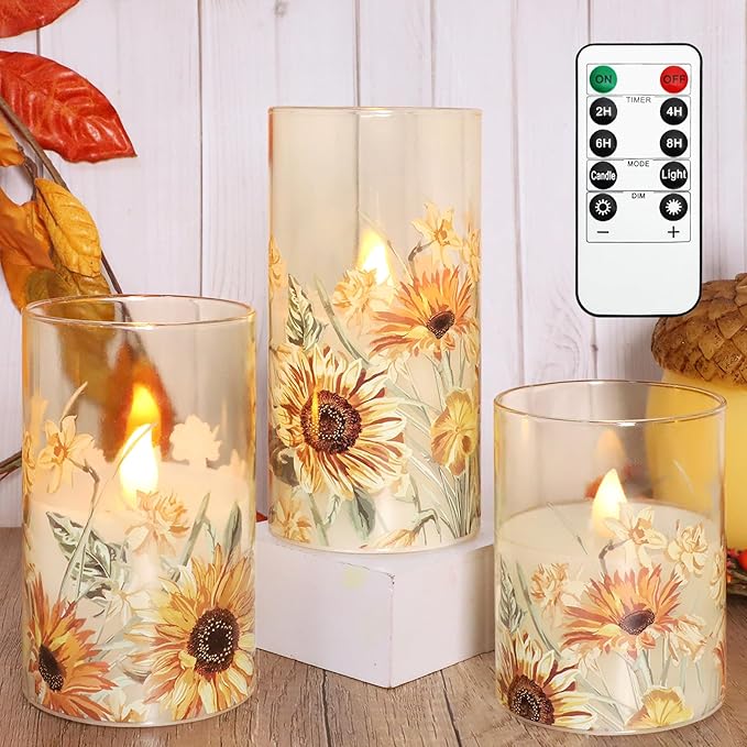 CozyNest Decor MELTONE autumn sunflower flameless candles with remote, real wax, flickering glow in glass for home decor and parties.