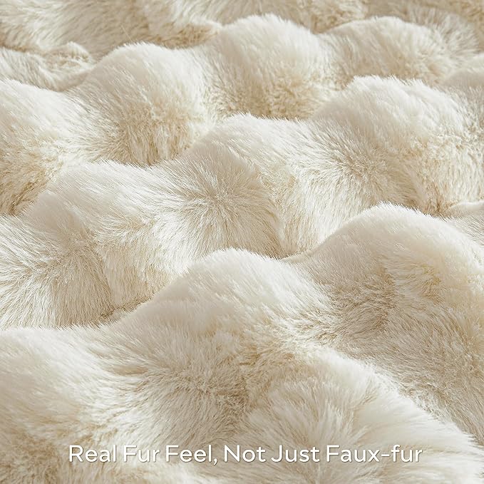 White faux fur throw blanket by CozyNest Decor, plush and cozy, thick and warm queen-sized bed blanket for comfort and style.